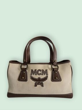MCM Beige Canvas & Brown Leather Tote Bag-EUC